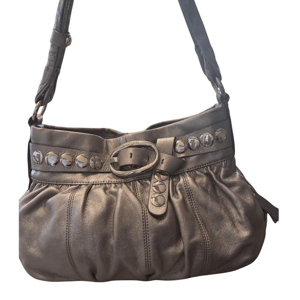 Metallic Studded B. Makowsky Shoulder Bag Leather Hobo Buckle Pewter OS Gray